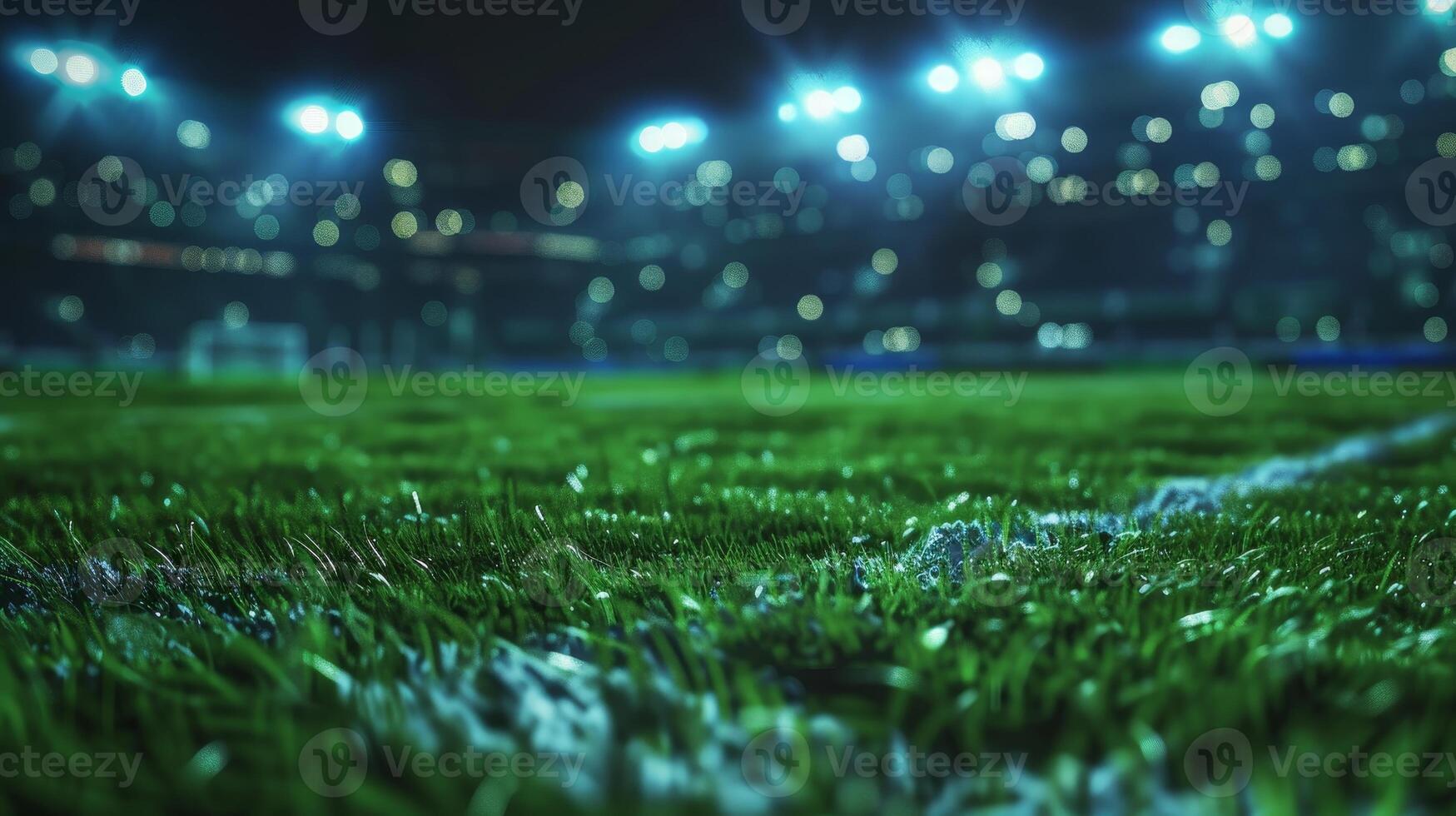 Close-up shot of a soccer field under stadium lights, capturing the texture of the grass at night with a blurred background. photo
