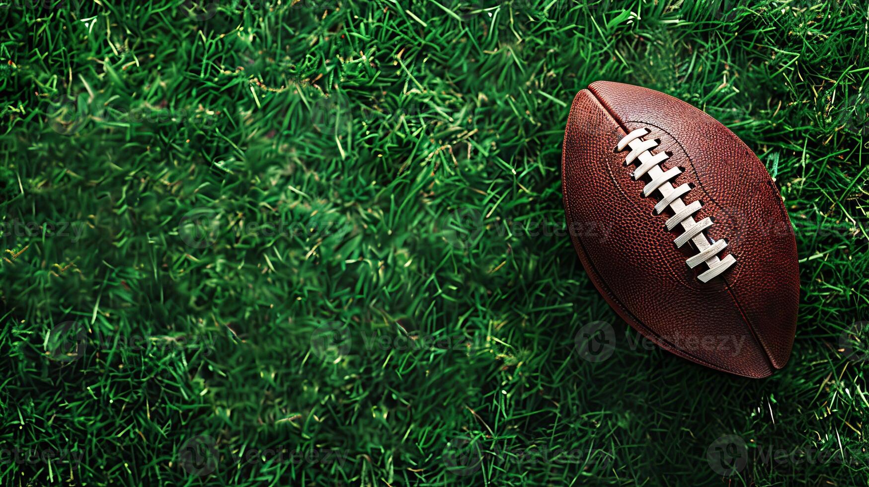 American football resting on a lush green field, highlighting the texture of the grass and the ball. Perfect for sports-related projects and advertisements. photo