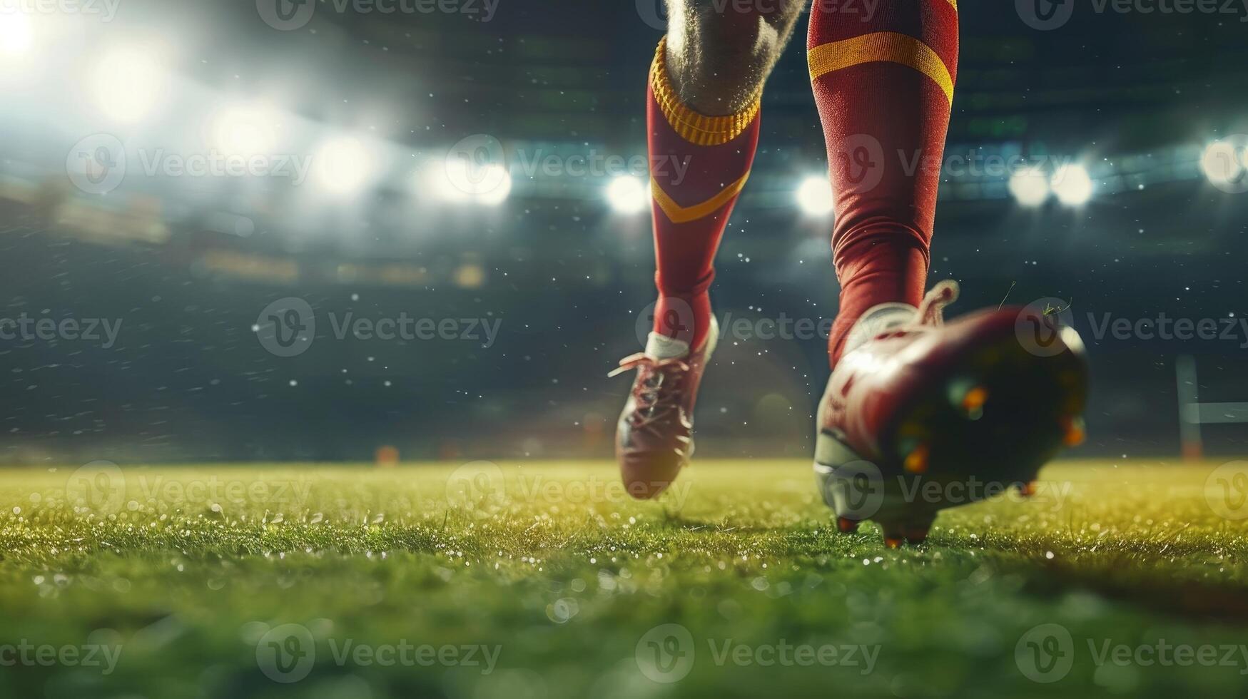 Close-up of a soccer player in action on a floodlit stadium field, showcasing determination and skill during a night match. photo