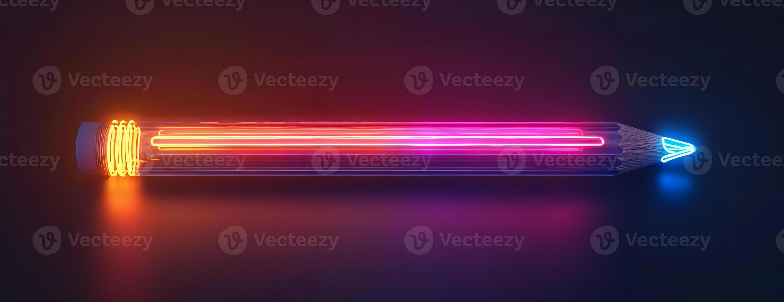 High-angle, realistic neon sign of a pencil, vivid illumination, dark black backdrop, school season theme, sharp and clear lines, captivating glow, intense colors, CG 3D quality photo