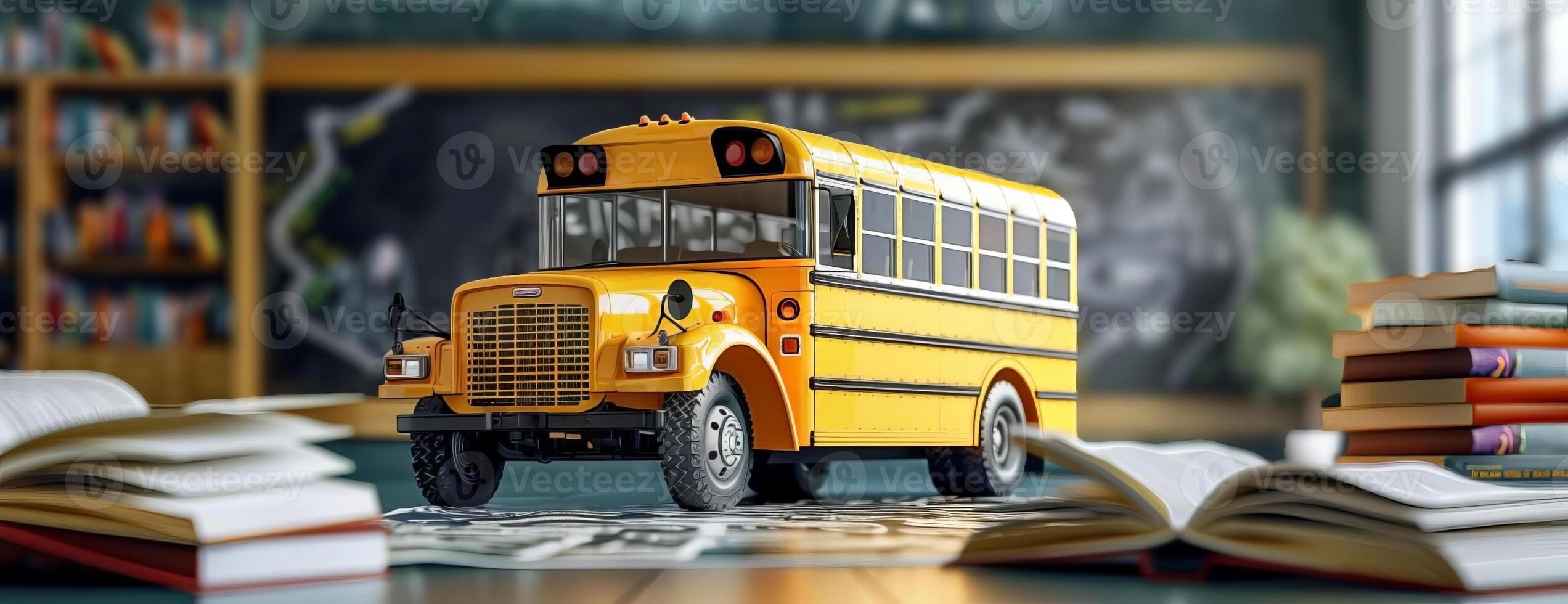 Long shot of a classic yellow school bus, 3D rendering, surrounded by open books and a chalkboard with doodles, white copyspace above, vibrant and educational background for school promotions photo
