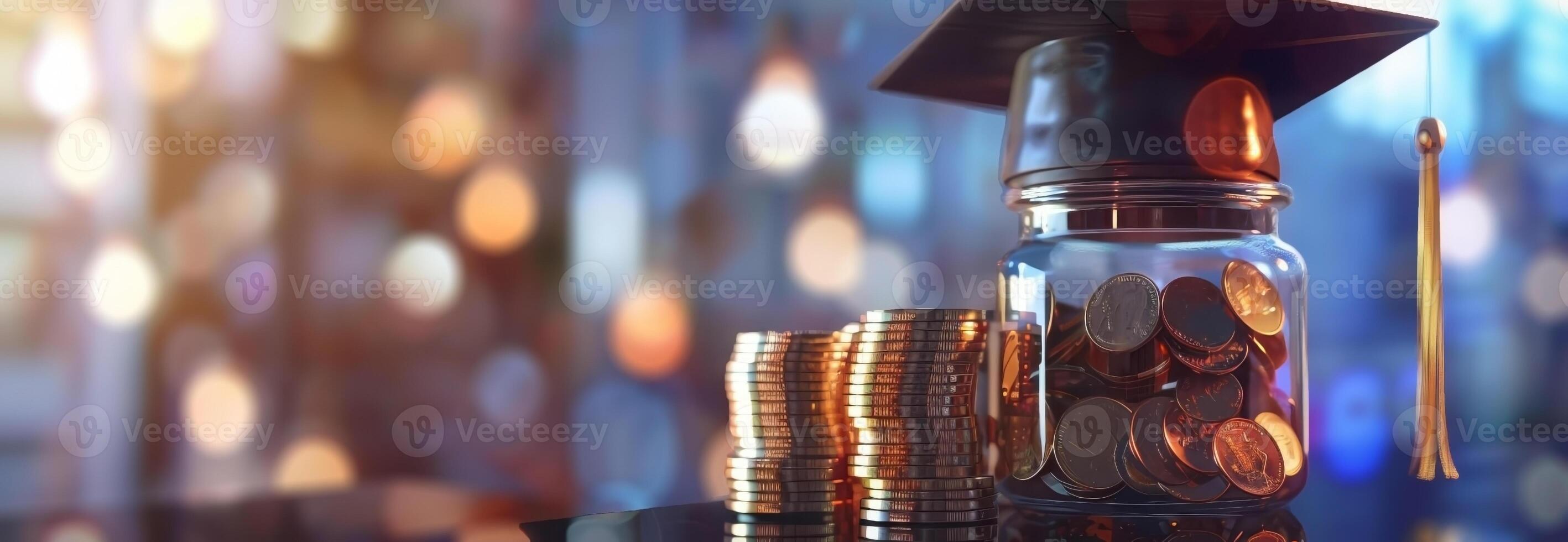 Long shot, a graduation cap prominently displayed, a glass jar filled with coins, a stack of money stepping upward, soft blur of background, bright and vivid, digital 3D rendering, symbolizing growth photo