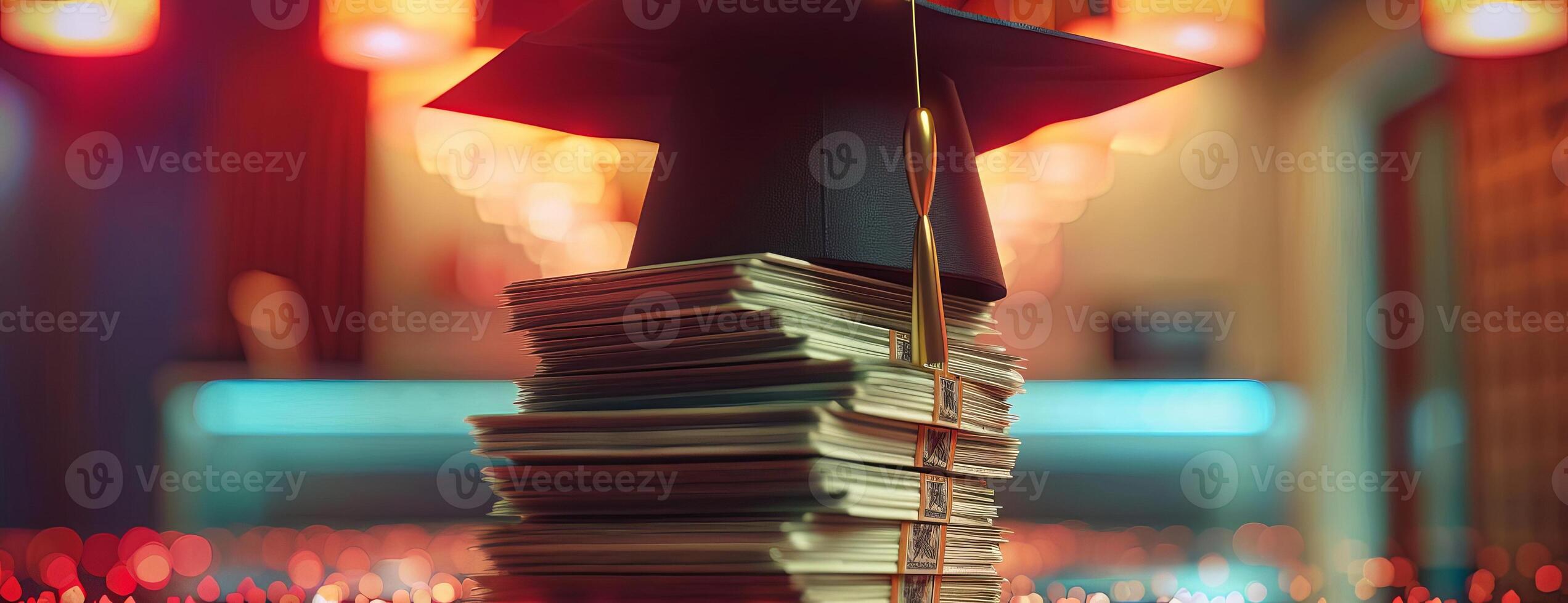 Frontal view of a graduation cap balanced on top of a stack of hundred-dollar bills, with a softly blurred academic backdrop, photorealistic precision, vibrant colors photo