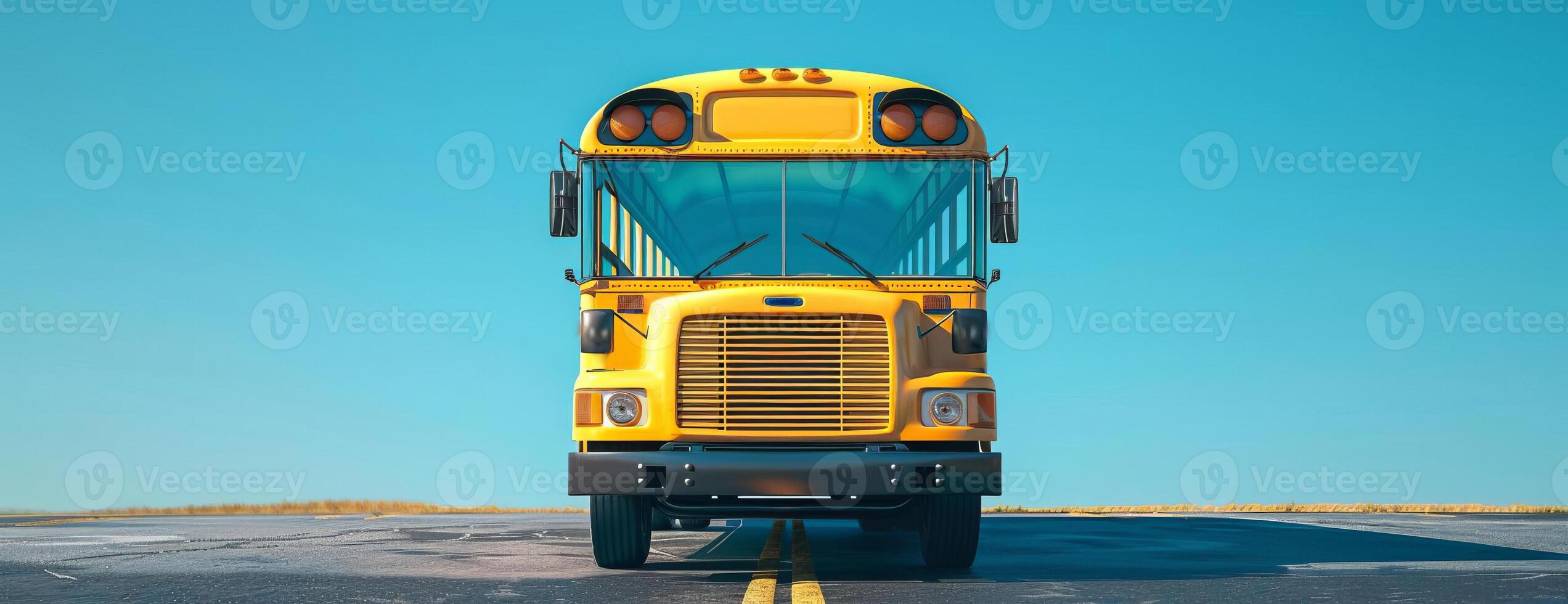 Frontal view of a bright yellow school bus, parked on blacktop, clear blue sky in the background, photorealistic detail, sunlight reflecting off windows, high resolution photo