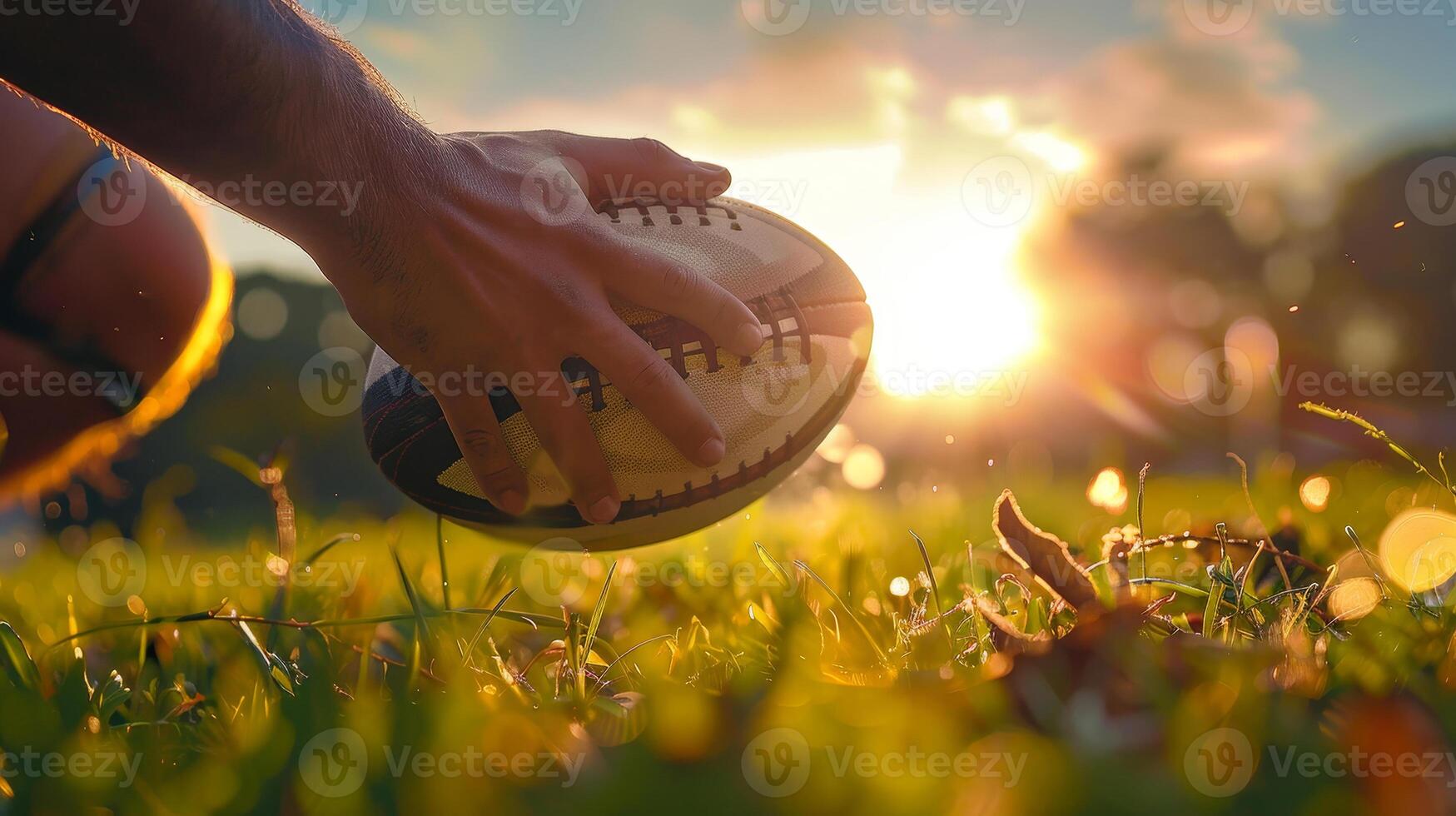 Hand touching a football during a sunset on a grassy field, capturing the essence of sports and evening practice. photo