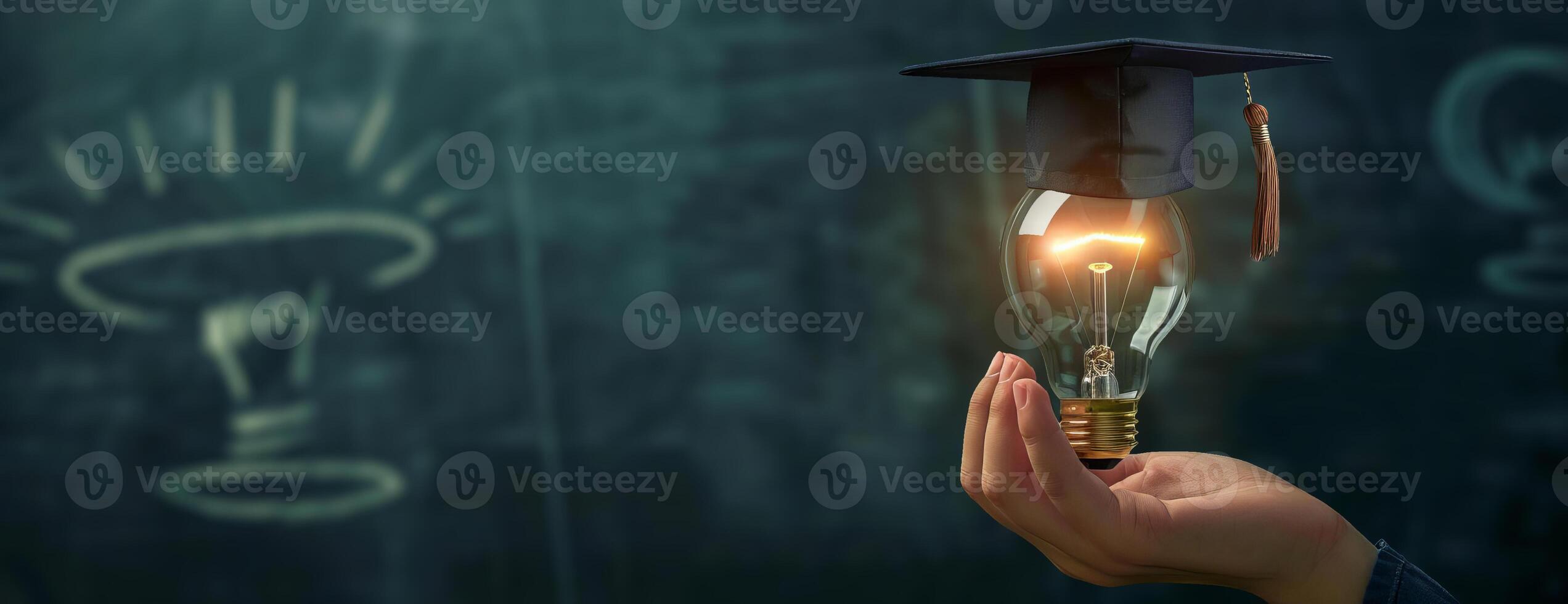 High-angle view, close-up, a hand presenting a light bulb with a miniature graduation cap, chalkboard background with copyspace, hyper-realistic 3D CG rendering, intricate details and lighting photo