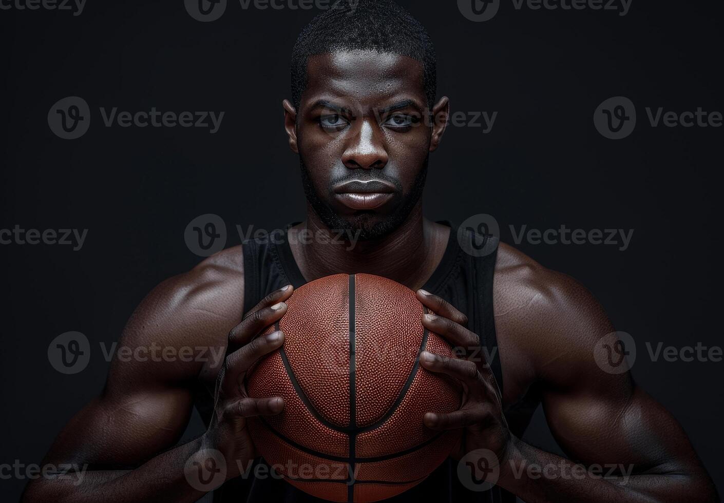 Determined basketball player holding a ball in a dark, dramatic setting. Focus and intensity are evident on his face and muscular build. photo