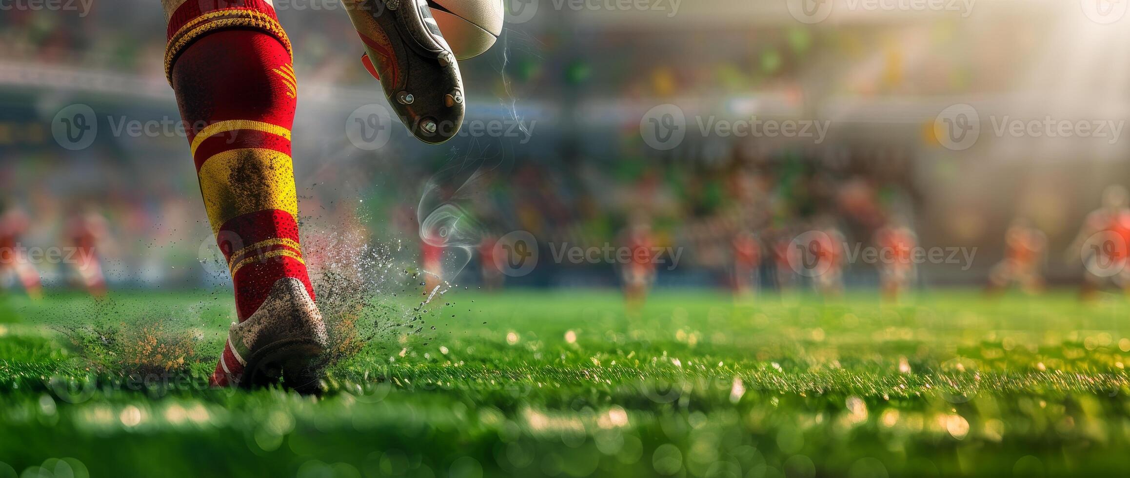 Dynamic soccer action shot with a player's leg in motion on a vibrant green field, surrounded by an energetic stadium atmosphere. photo