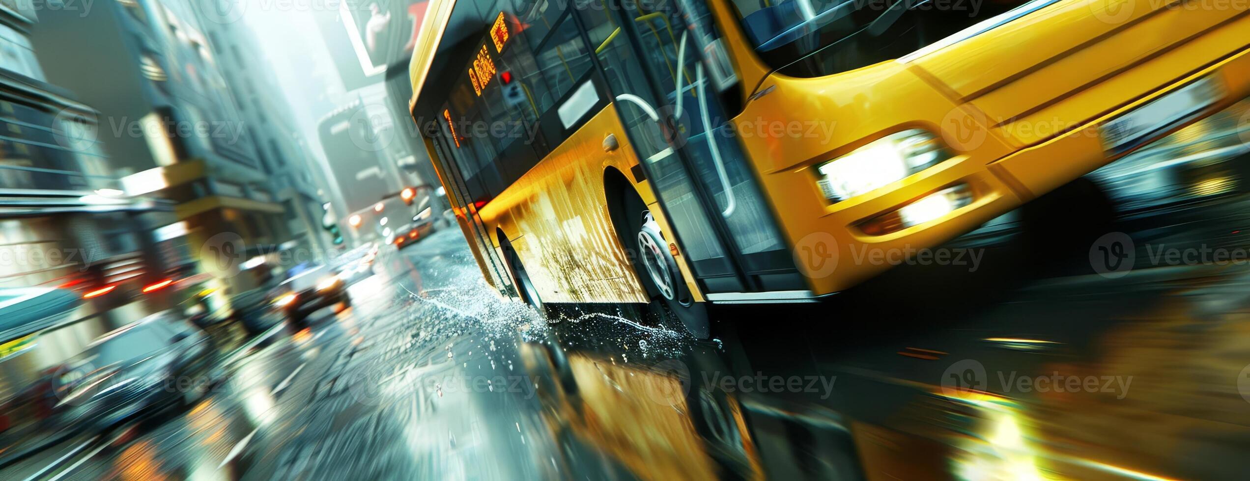 Detailed close-up of a speeding yellow bus, motion blur capturing the swiftness, navigating down crowded city streets, digital CG 3D rendering photo