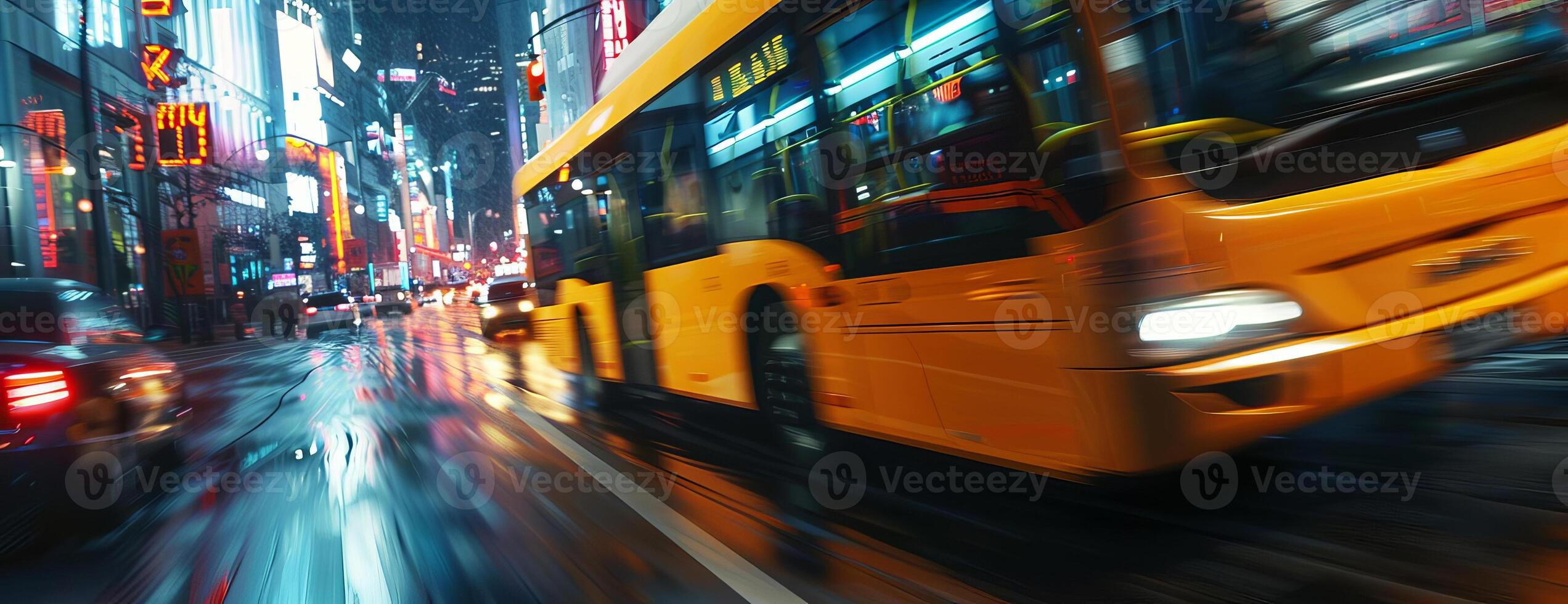 Detailed close-up of a speeding yellow bus, motion blur capturing the swiftness, navigating down crowded city streets, digital CG 3D rendering photo