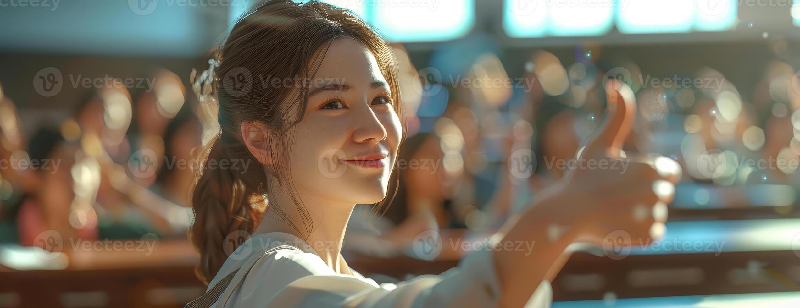 Ecstatic female student, thumbs up, side view in a classroom, blur background, CG 3D render, lifelike textures, rich details, focus on her animated expression and dynamic pose photo