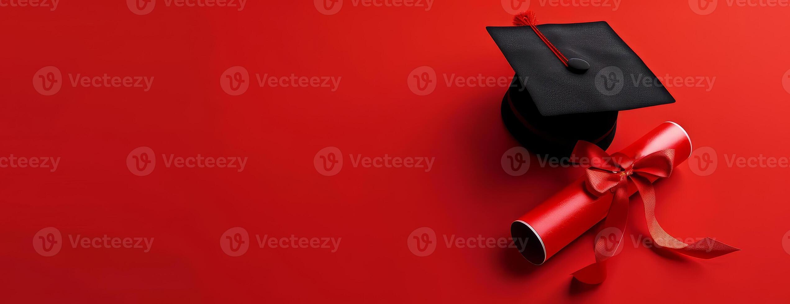 Long shot of a traditional black academic hat and rolled diploma with a red ribbon photo