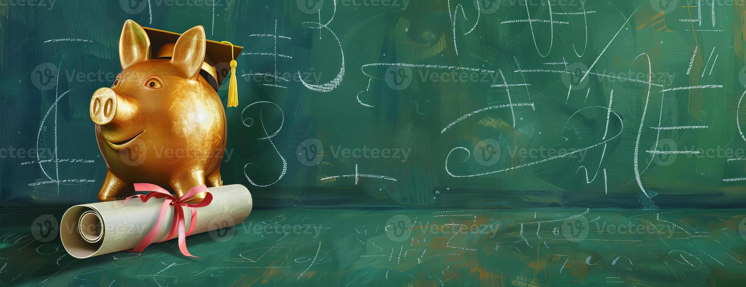 Elegant gold piggy bank, sleek graduation cap, rolled diploma with ribbon, seen from a tilted angle, lifelike oil painting style, set against a green chalkboard background with faint chalk diagrams photo