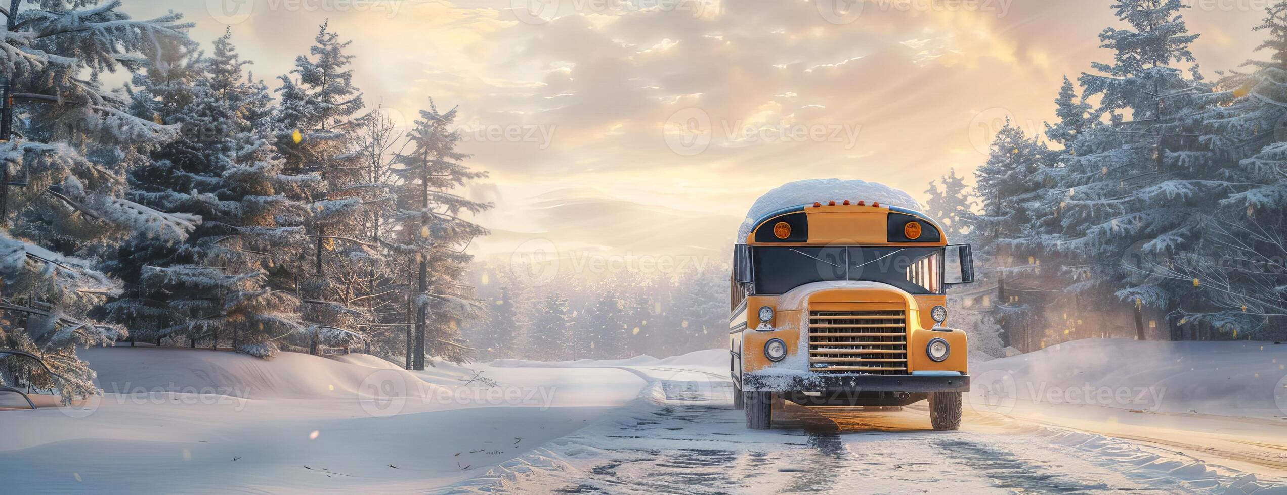 Head-on view of a classic school bus cruising on a snow-blanketed road, snow gently falling, serene backdrop of winter woods and soft pastel sky, hyper-realistic 3D render photo