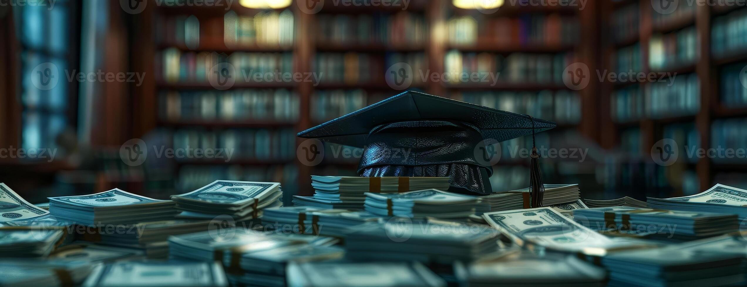 Frontal view of a graduation cap resting atop a neatly arranged pile of money, background softly blurred with hints of a library setting, CG 3D rendering, ultra-realistic textures photo