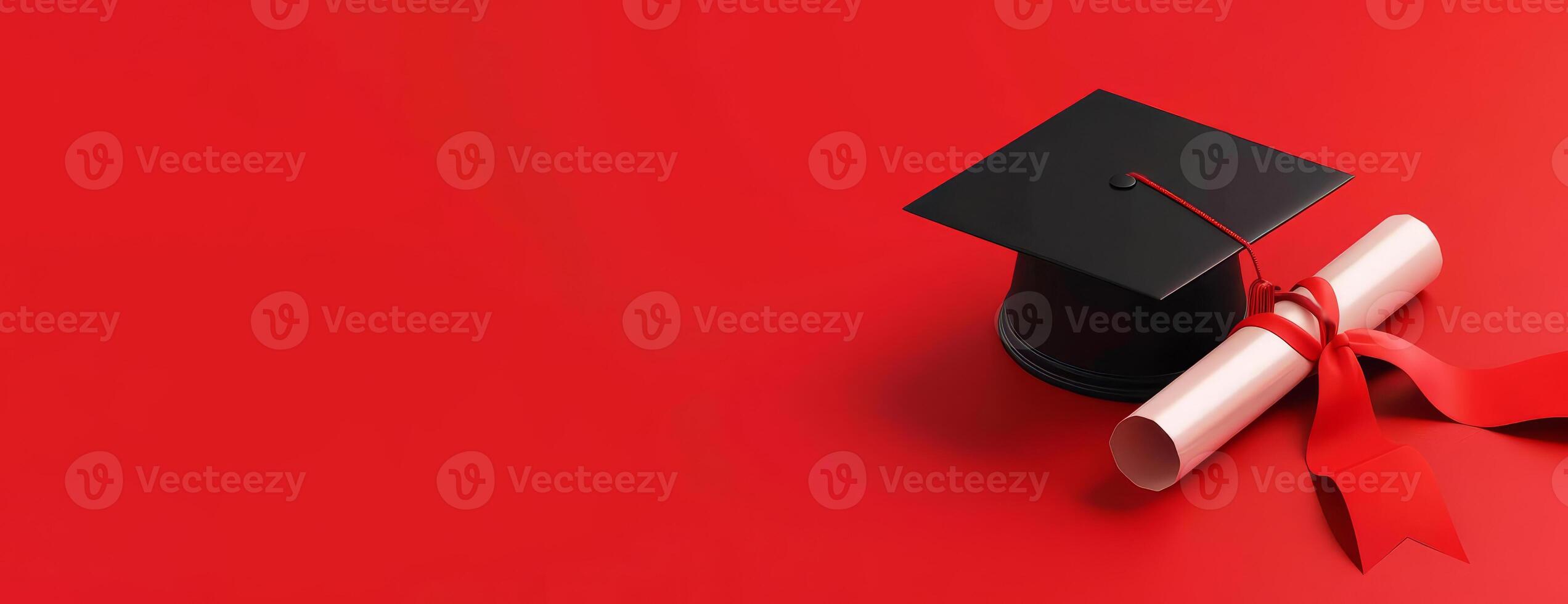 Long view of an academic cap and a diploma with elegant ribbon, centered on a bright red background, generous copyspace, CG 3D design, ultra-realistic lighting and shadows, meticulous detailing photo