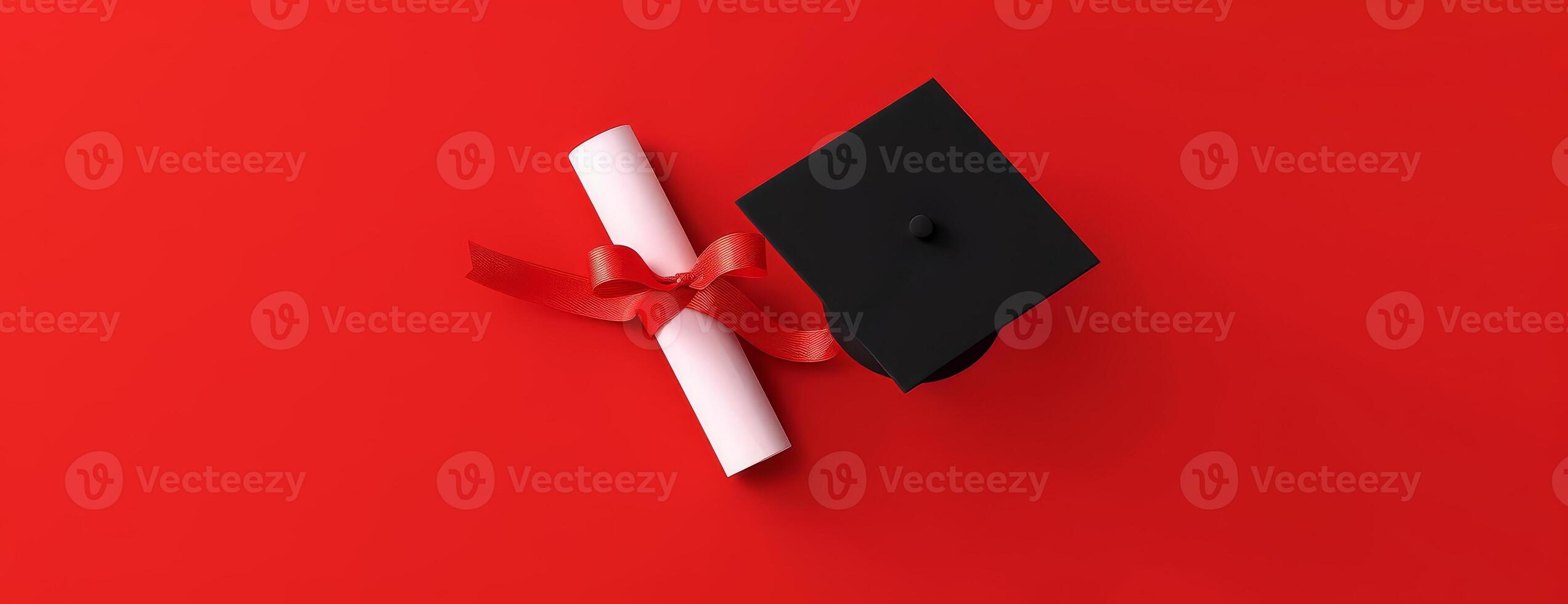 Long view of an academic cap and a diploma with elegant ribbon, centered on a bright red background, generous copyspace, CG 3D design, ultra-realistic lighting and shadows, meticulous detailing photo