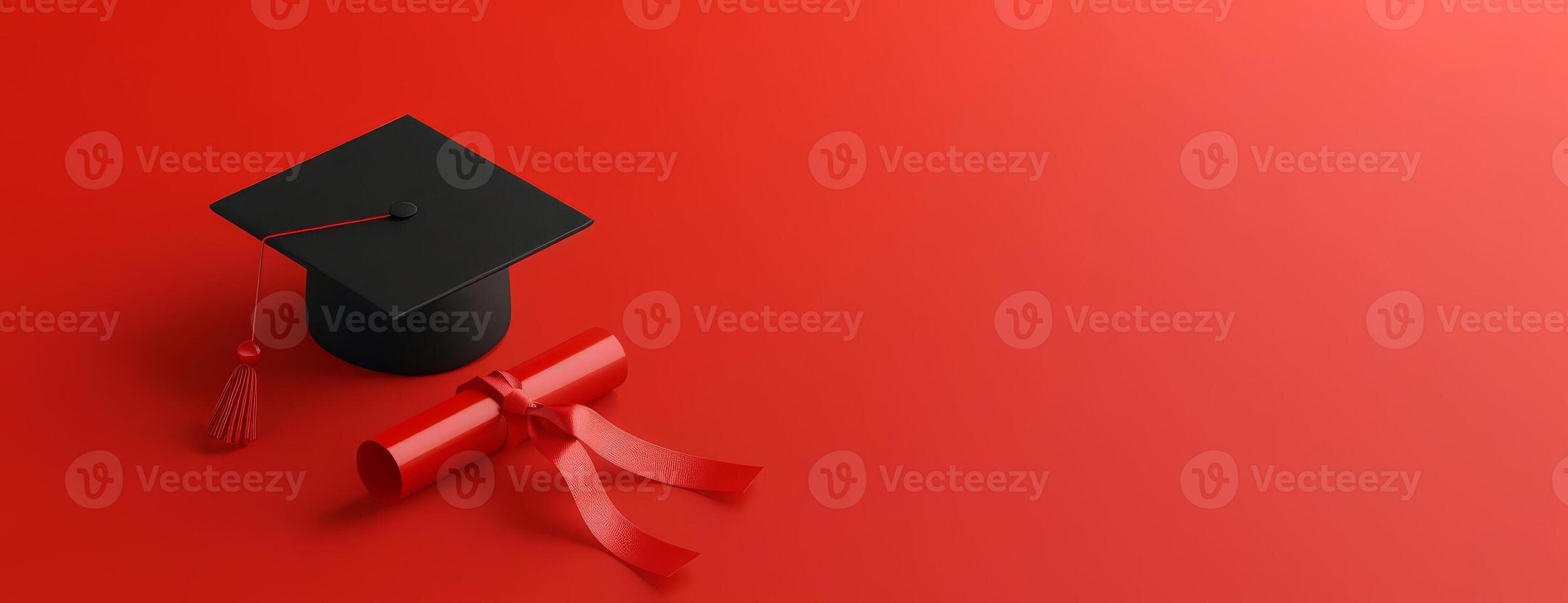 Long view of an academic cap and a diploma with elegant ribbon photo
