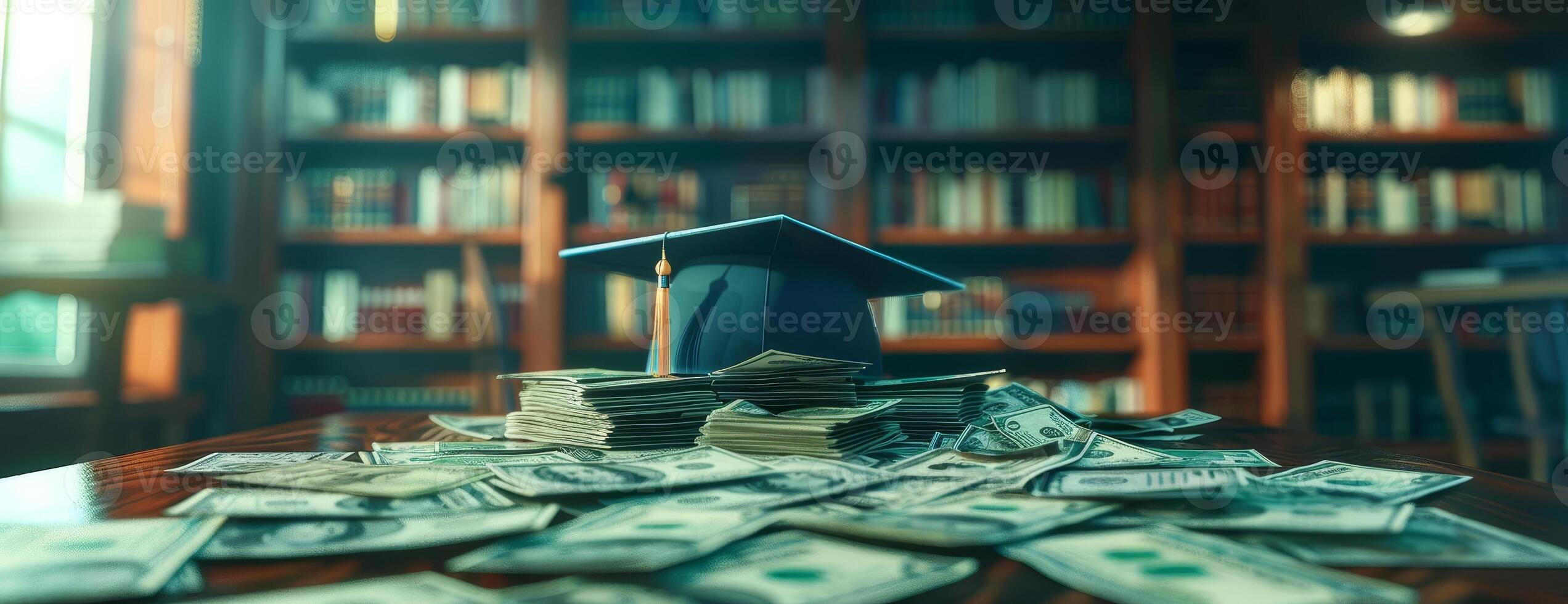 Frontal view of a graduation cap resting atop a neatly arranged pile of money, background softly blurred with hints of a library setting, CG 3D rendering, ultra-realistic textures photo