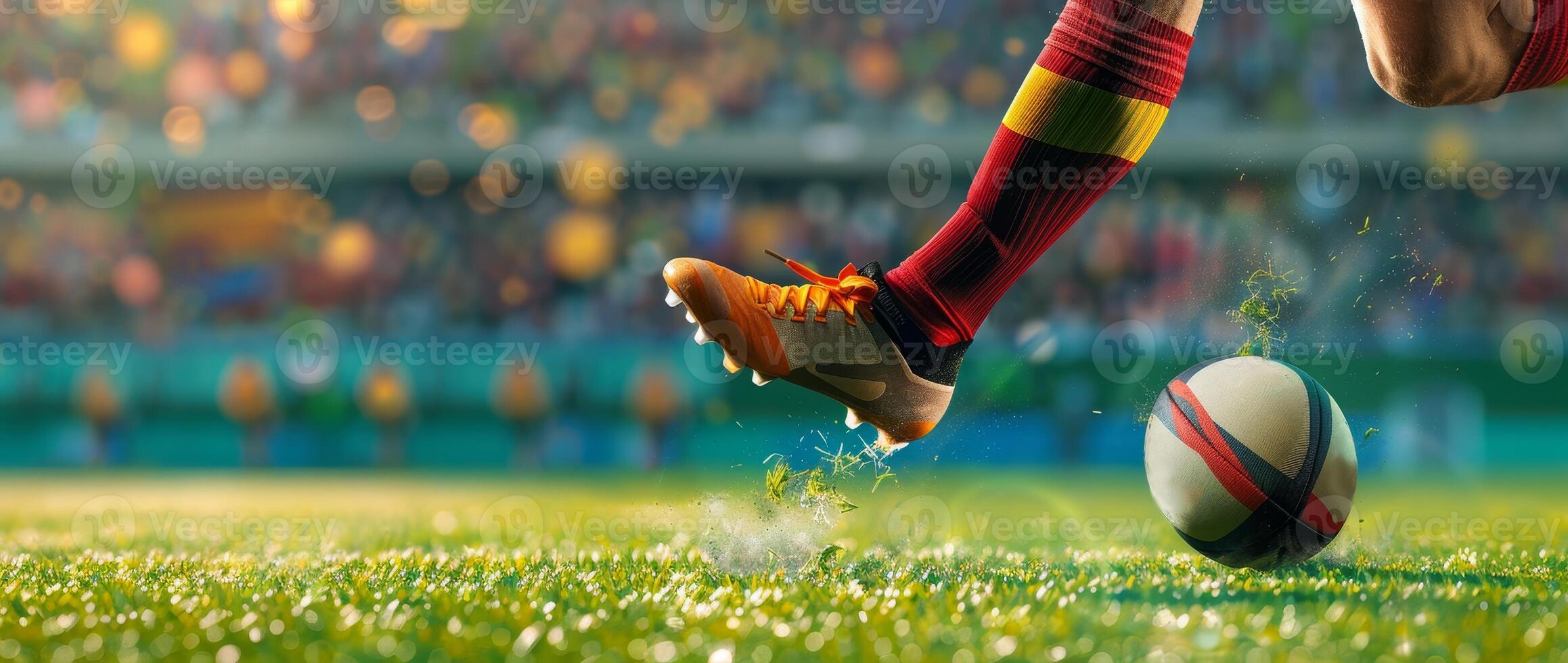 Close-up shot of a soccer player's foot kicking a ball, with a stadium full of spectators in the background. photo