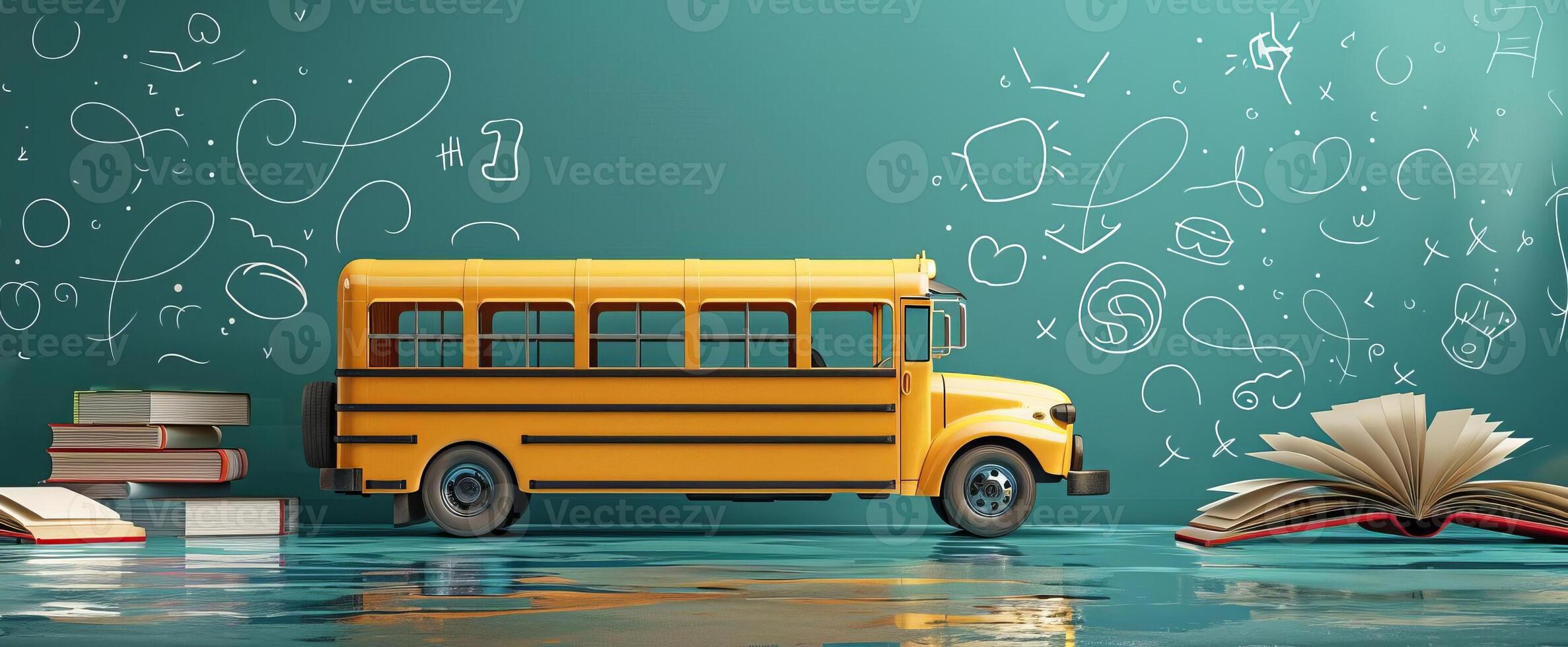 Long shot of a classic yellow school bus, 3D rendering, surrounded by open books and a chalkboard with doodles, white copyspace above, vibrant and educational background for school promotions photo