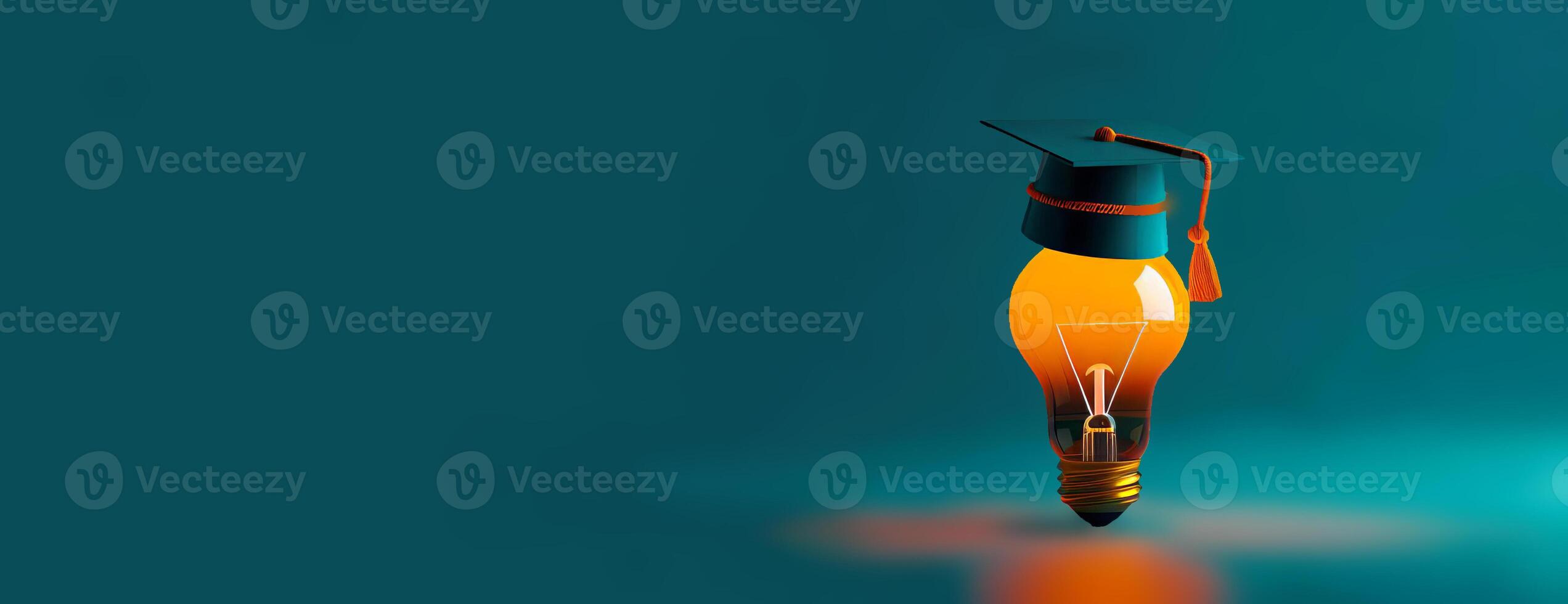 Eye-level angle, business education concept, ample copyspace, light bulb emitting soft glow, graduation cap perched on bulb, CG 3D rendering, vibrant and engaging composition photo