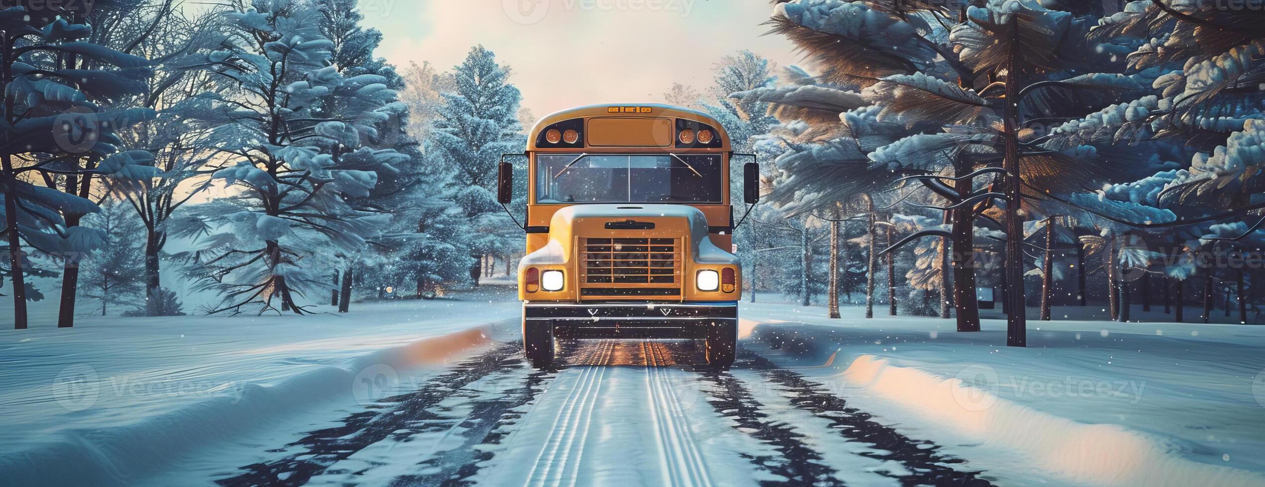 Head-on view of a classic school bus cruising on a snow-blanketed road, snow gently falling, serene backdrop of winter woods and soft pastel sky, hyper-realistic 3D render photo