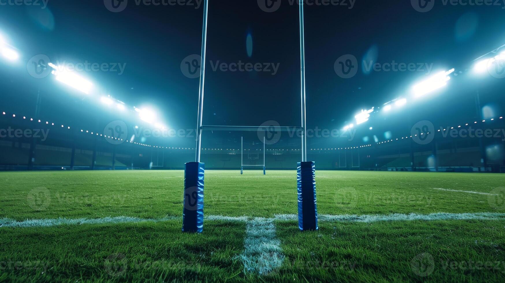 Illuminated rugby field with goal posts at night, capturing the intense atmosphere of a professional game. Bright lights and empty stadium. photo