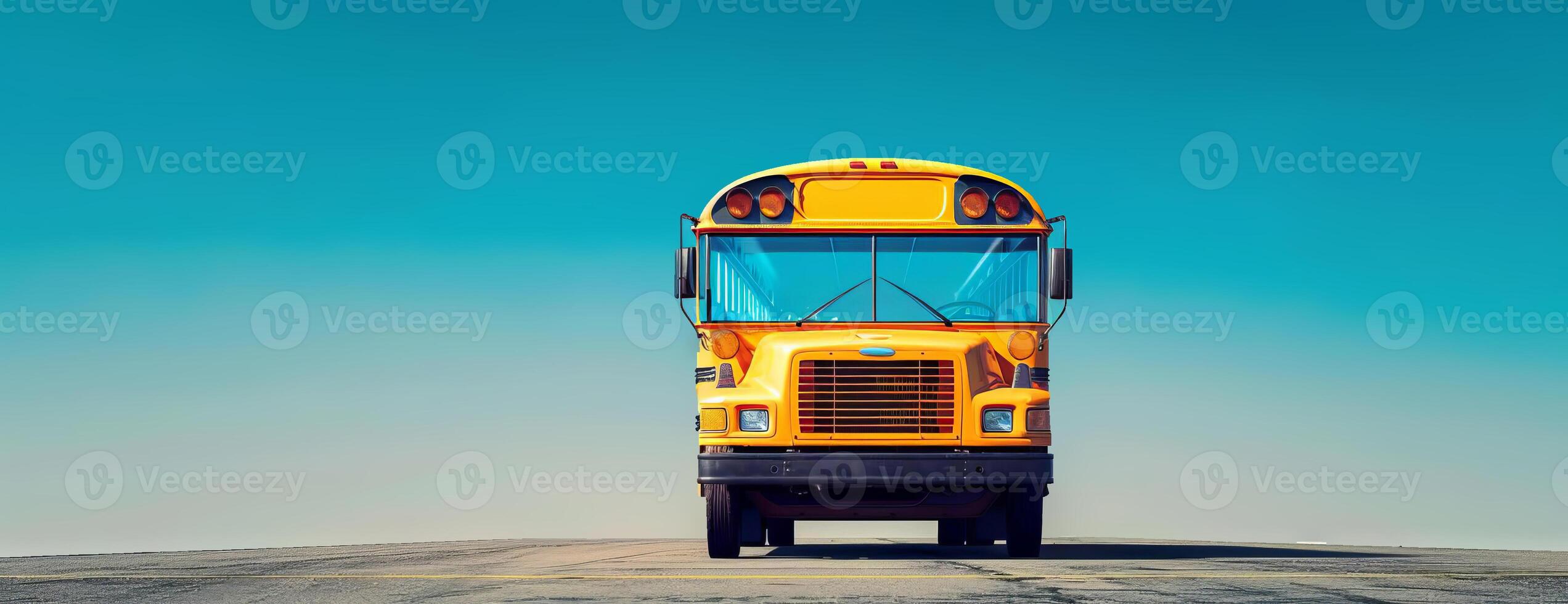Frontal view of a bright yellow school bus, parked on blacktop, clear blue sky in the background, photorealistic detail, sunlight reflecting off windows, high resolution photo
