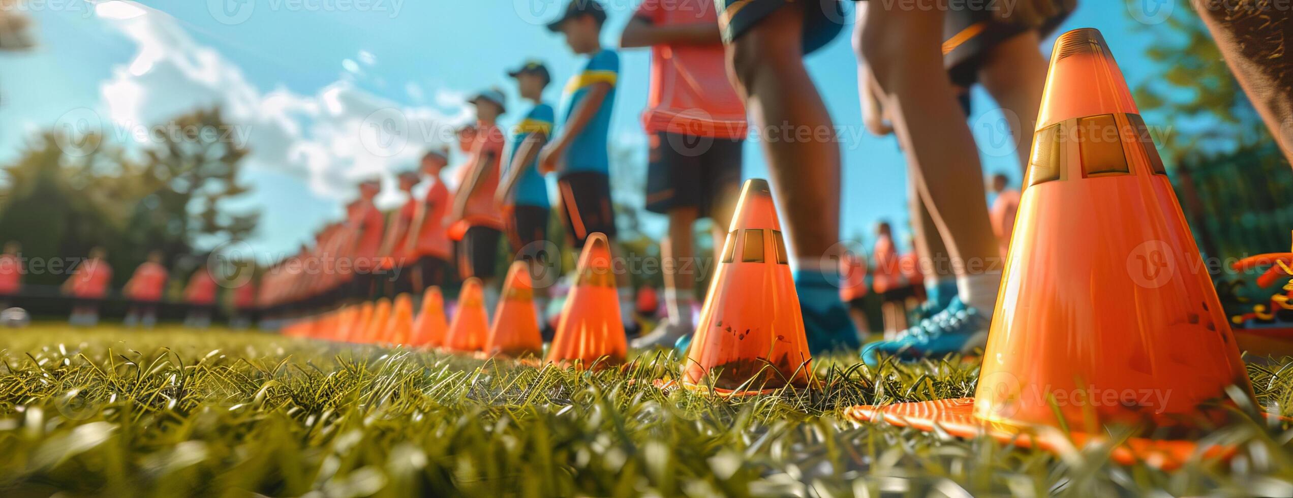 High-angle close-up, school coach preparing a field for soccer training, coach holding bright orange training cones, kids waiting in line, blurred background, vivid colors, photorealistic photo