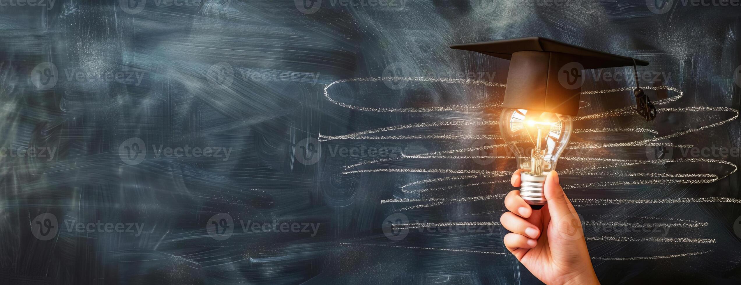 High-angle, close-up of a hand holding a light bulb with a graduation cap, isolated on a chalkboard background, ample copyspace, photorealistic rendering, vibrant lighting highlights photo