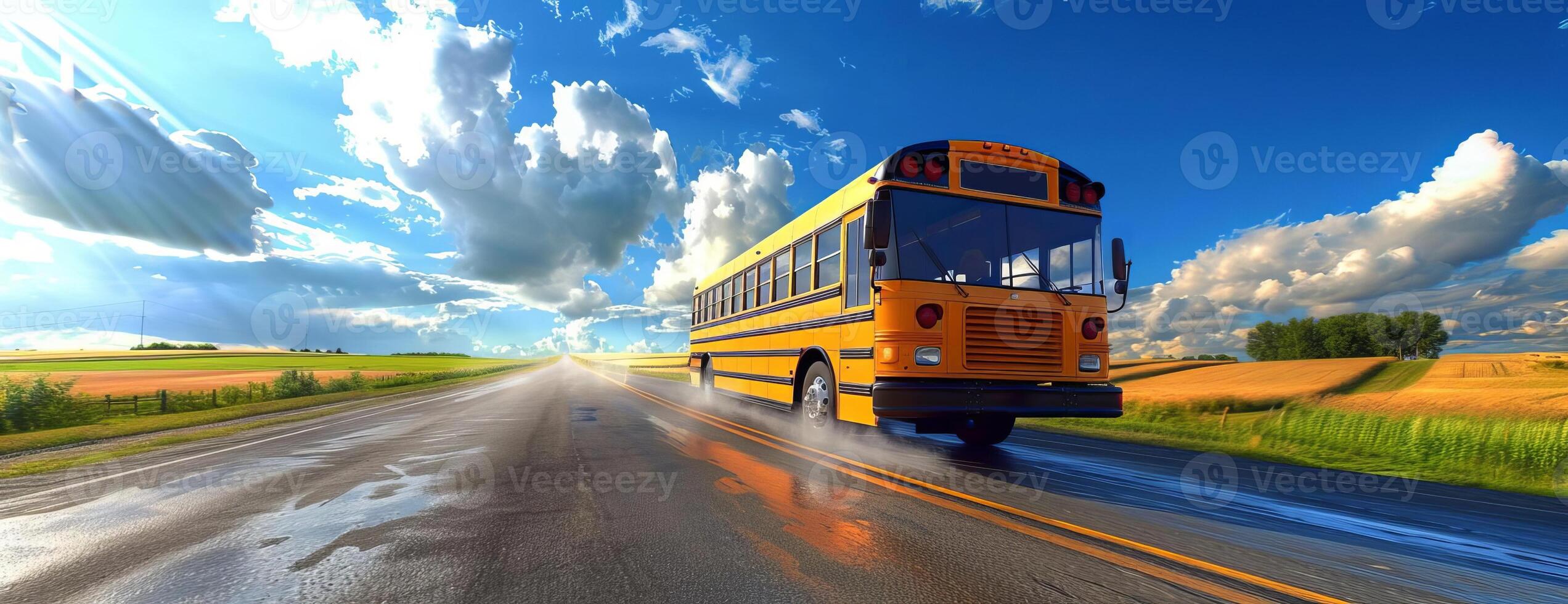Dramatic worms-eye view of a modern school bus speeding on a deserted rural road photo