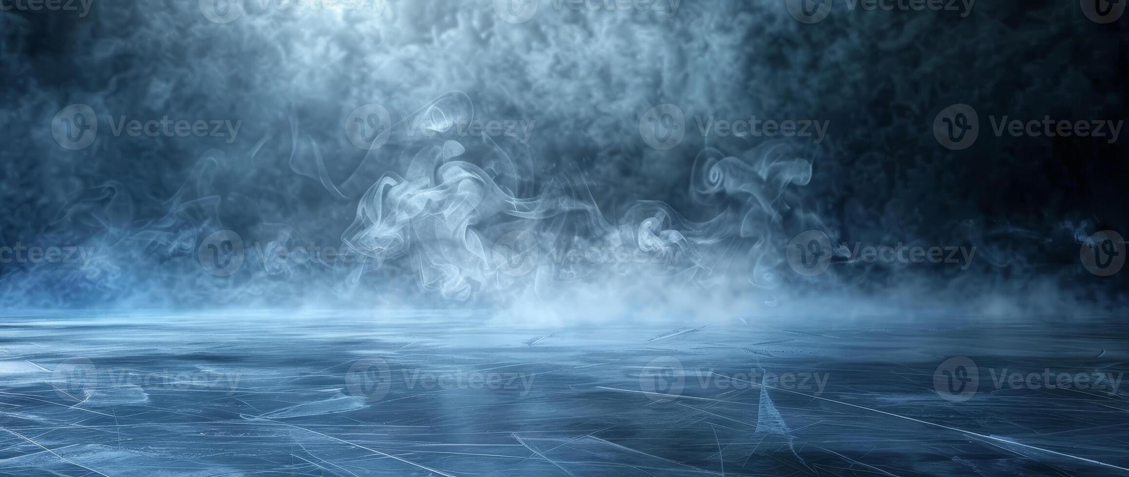 ice rink background with smoke, dark background, empty space for product presentation photo