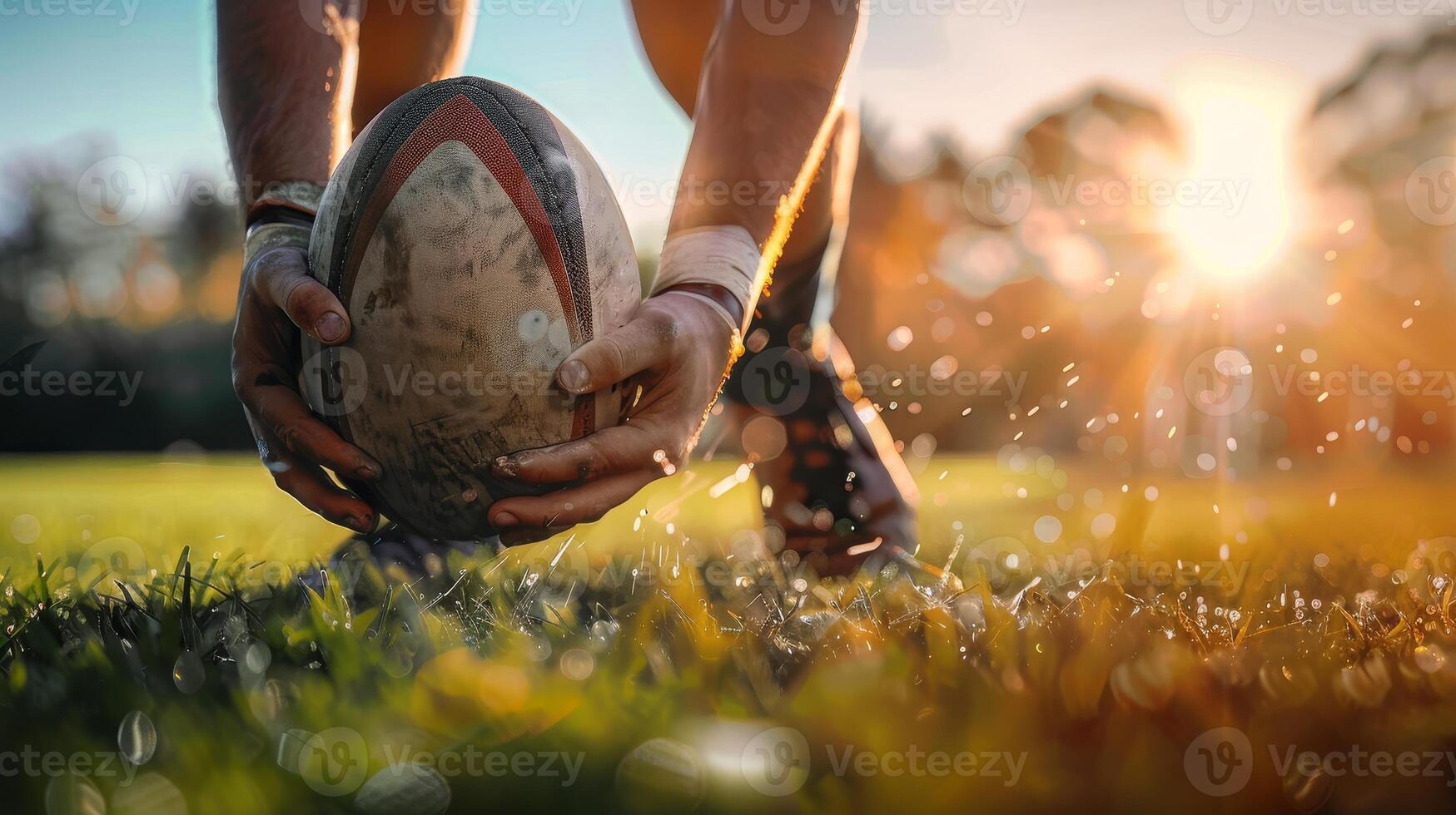 Close-up of a rugby player holding a rugby ball on a field at sunset, capturing the sport's intensity and natural lighting. photo