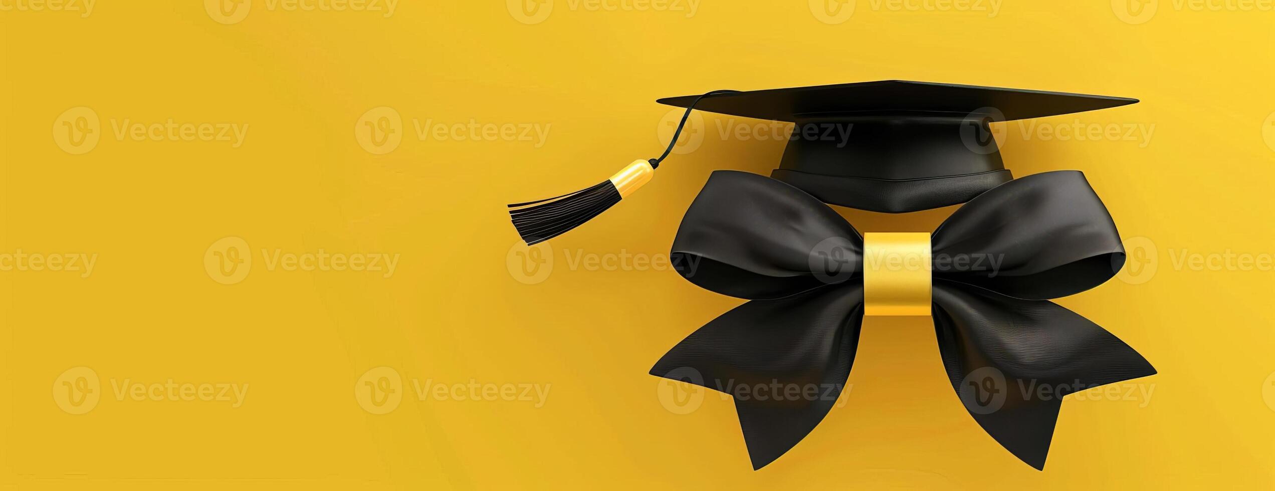 Frontal view, a diploma with a beautiful bow, graduation cap with tassel, vivid yellow background, photorealistic details, crisp and clear edges, perfect lighting, digital art photo