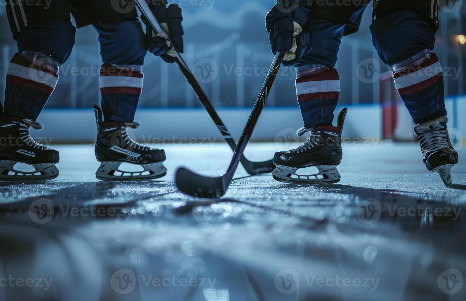 Close-up of hockey players' skates and sticks on the ice rink, captured during a tense game moment under the arena lights. photo