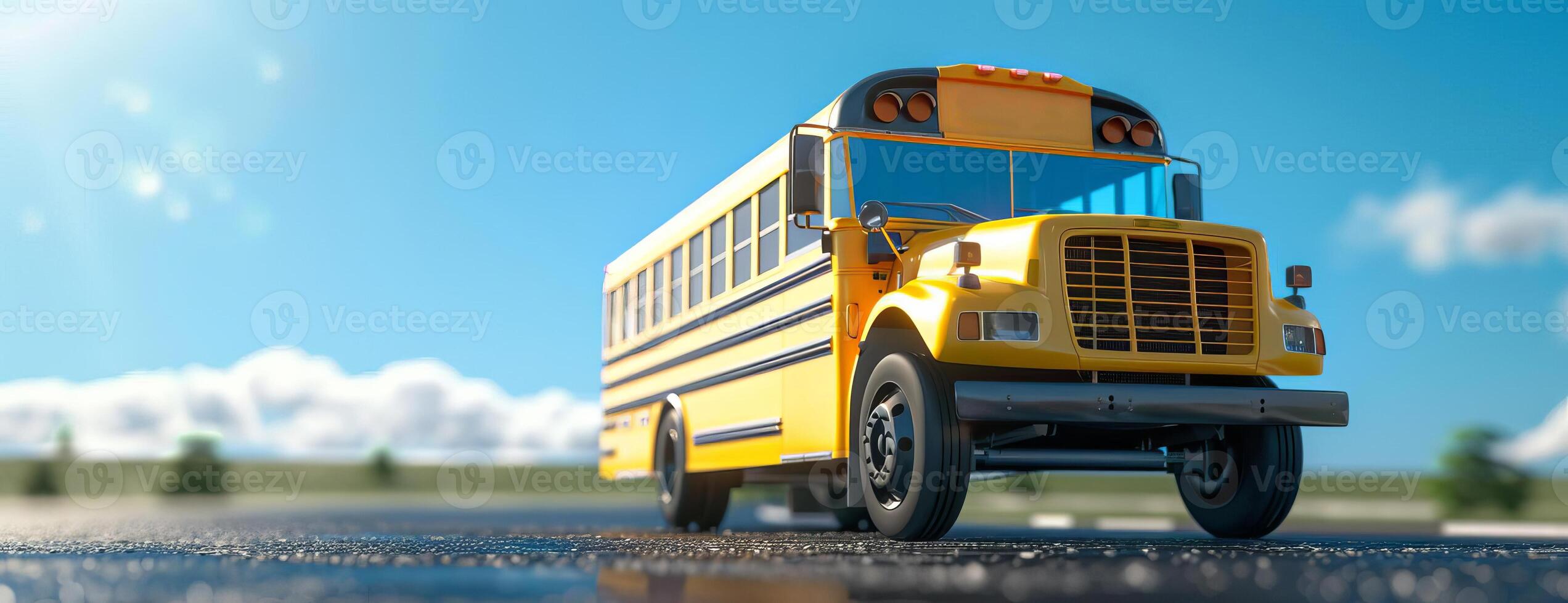 Frontal view of a bright yellow school bus, parked on blacktop, clear blue sky in the background, photorealistic detail, sunlight reflecting off windows, high resolution photo