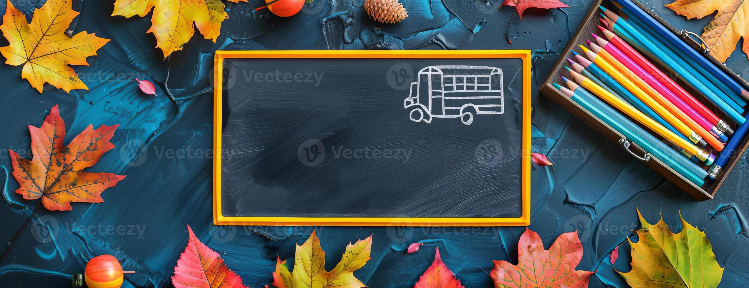 High-angle shot of a back-to-school setup, school bus model beside vivid pencils, autumn leaves around a tree sketch, classroom blackboard with empty space for text, watercolor style photo