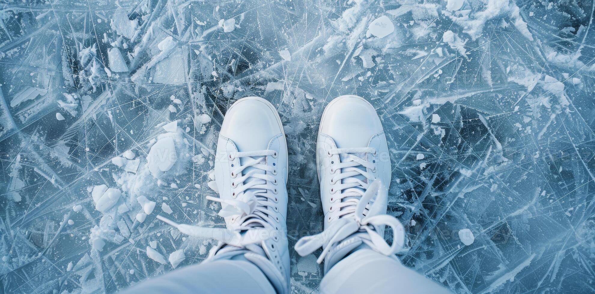 Top view of white ice skates on a frozen ice rink. Perfect for winter sports, ice skating, and outdoor activities imagery. photo