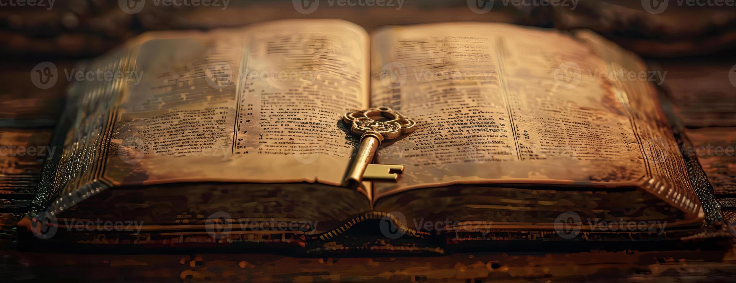 Frontal view of an open antique book, photorealistic style, delicate golden key resting on the pages, soft ambient lighting, rich textures, elegant and scholarly ambiance photo