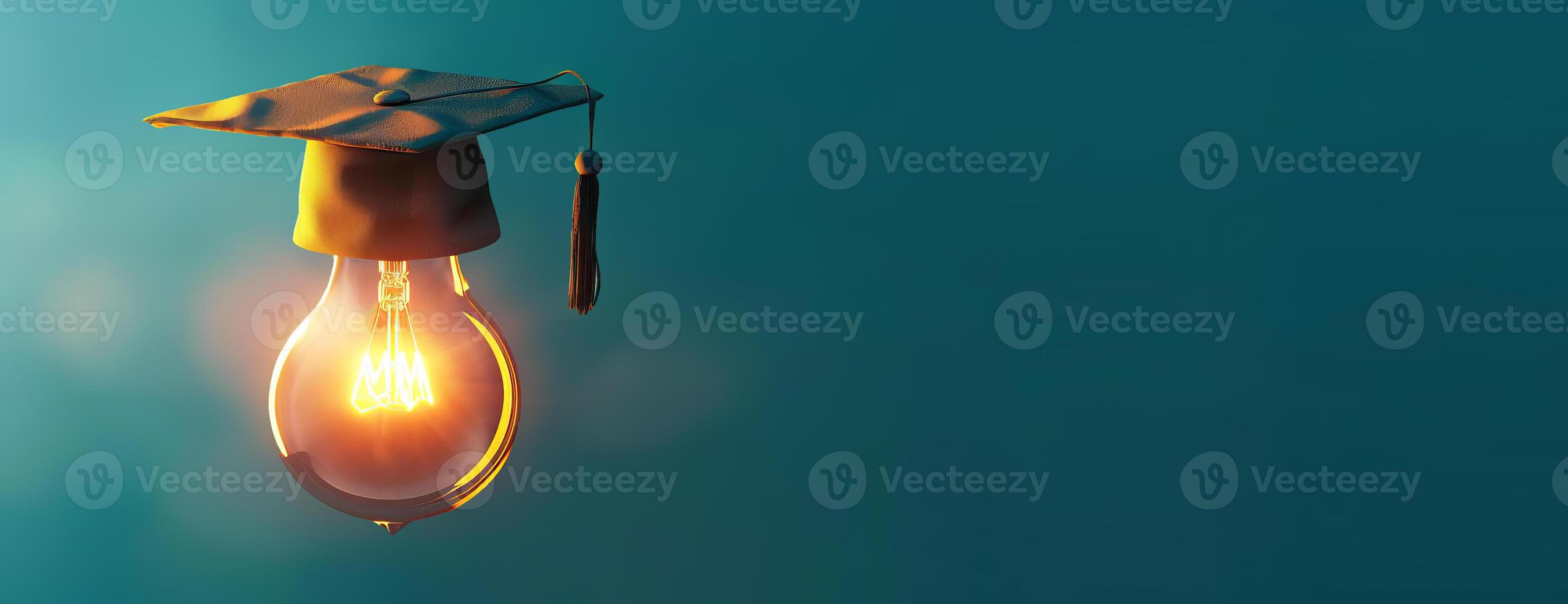 Eye-level angle, business education concept, ample copyspace, light bulb emitting soft glow, graduation cap perched on bulb, CG 3D rendering, vibrant and engaging composition photo