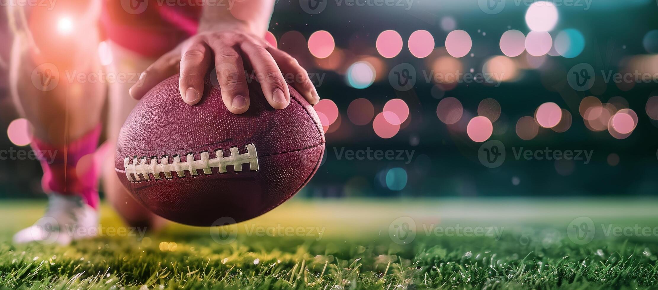 Close-up of a football player's hand ready to snap the ball at the start of a play on a brightly lit field. photo