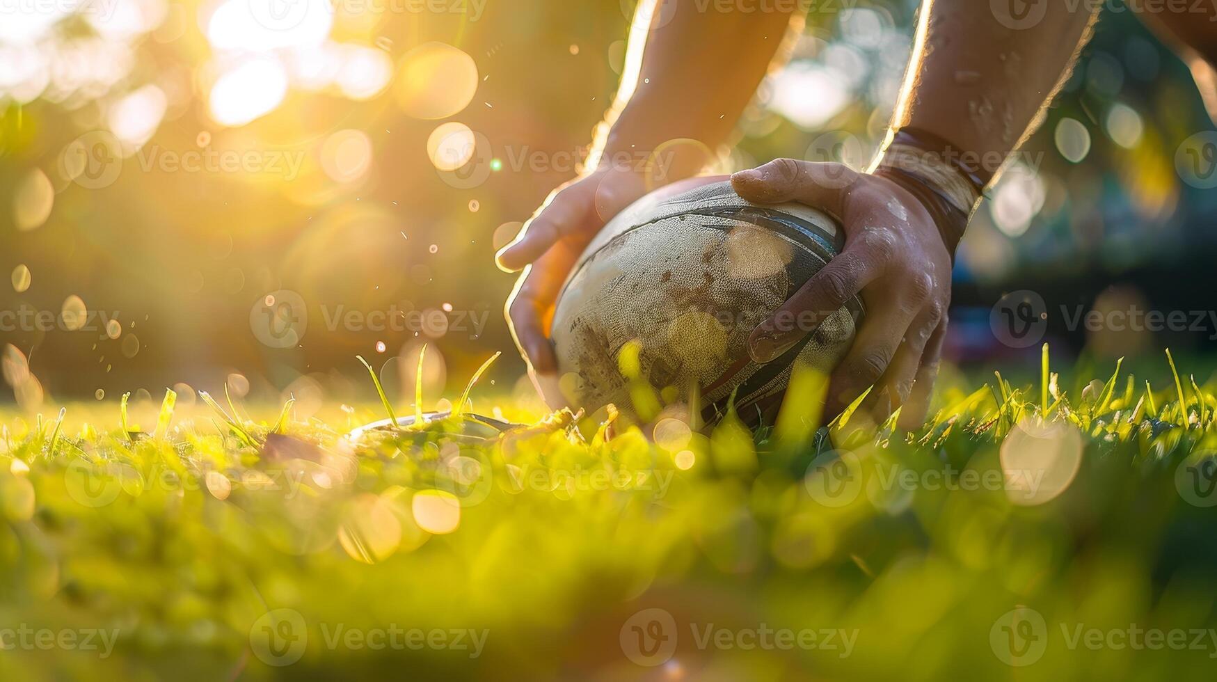 Close-up of hands gripping a rugby ball on grass with sunlight shining through, ready for a game. photo