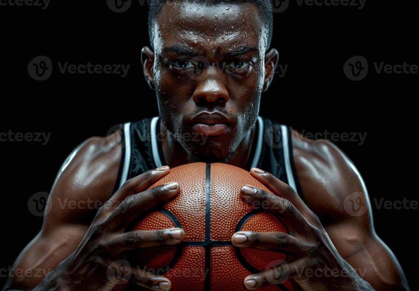 Focused basketball player holding a basketball against a dark background, showing determination and strength. photo