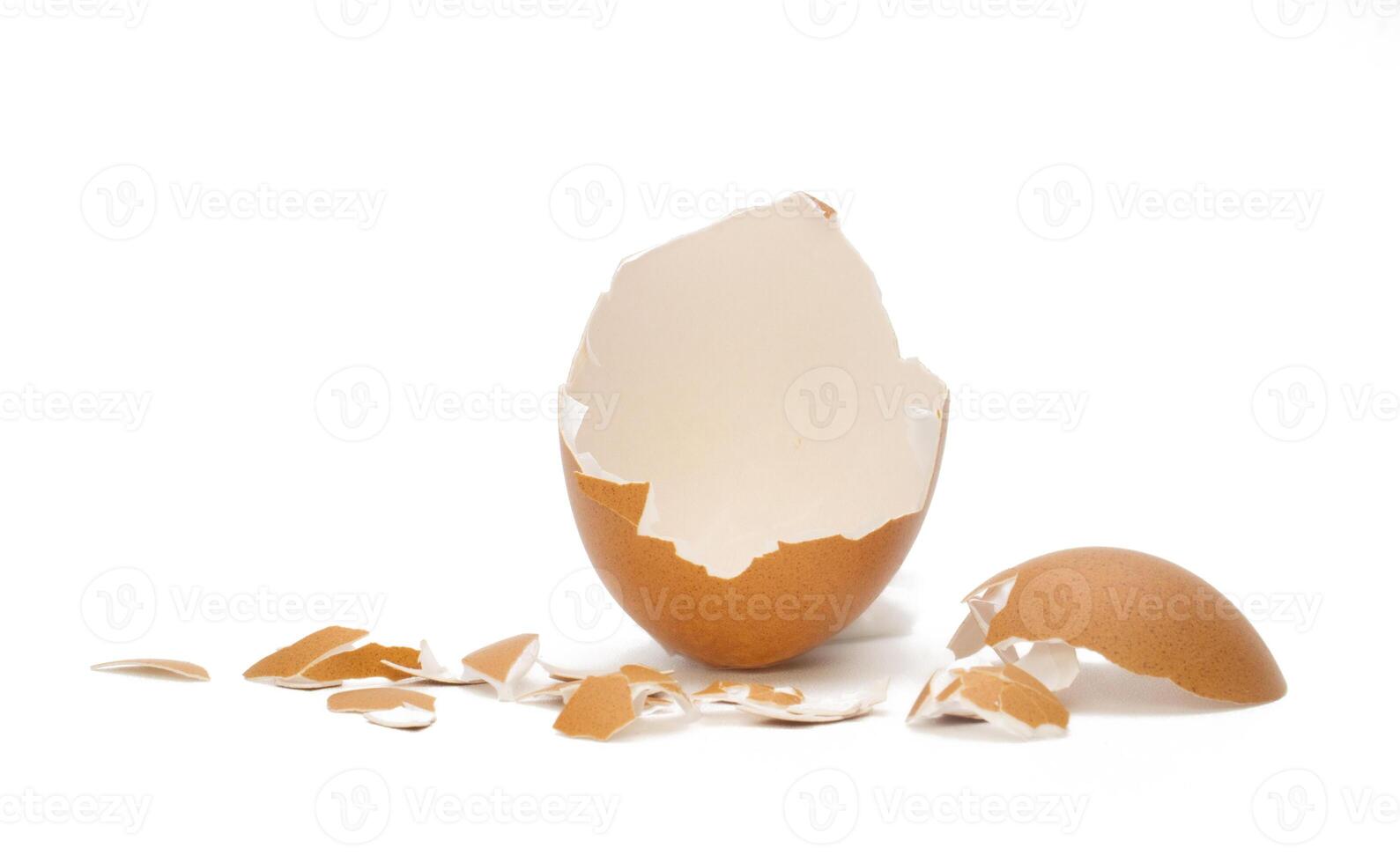 Cracked hen egg shells isolated on white background photo