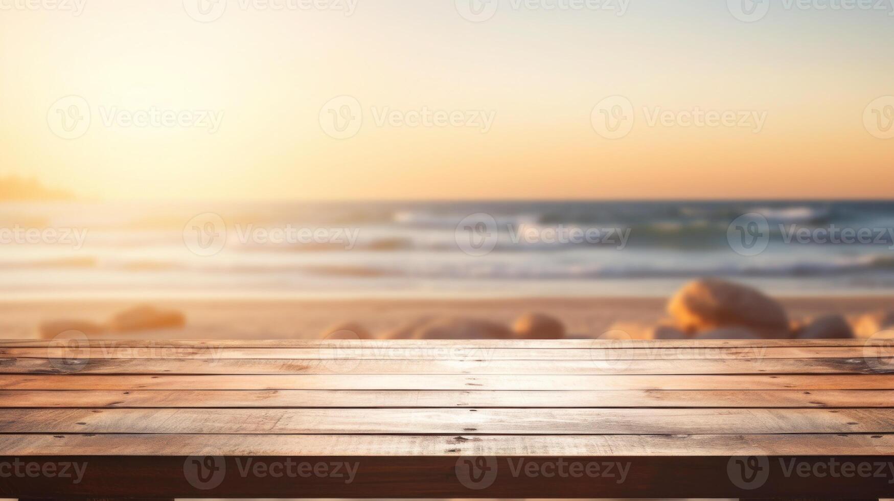 A wooden table surface with a beach and blurred backdrop,Empty wooden table background, product display montage,Background with empty bokeh wooden table.For designers and advertising banner photo