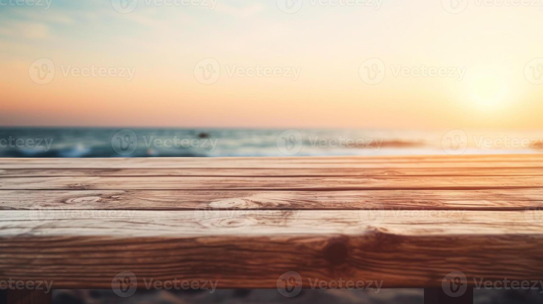 A wooden table surface with a beach and blurred backdrop,Empty wooden table background, product display montage,Background with empty bokeh wooden table.For designers and advertising banner photo