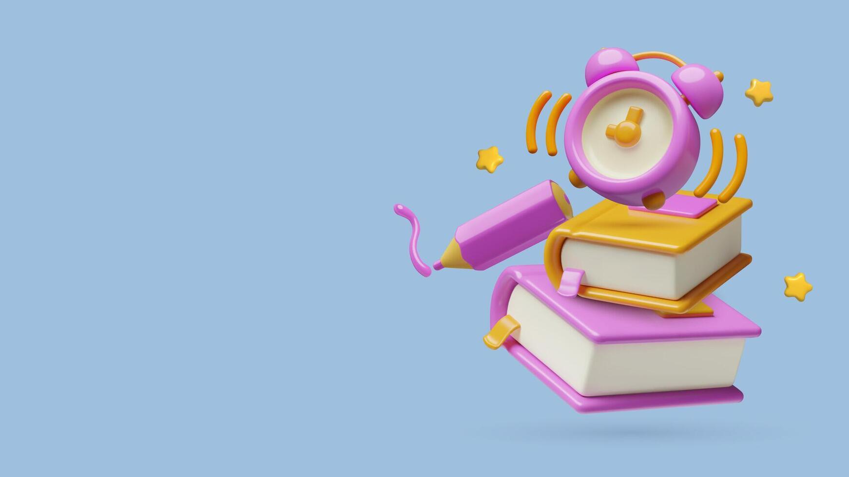 Education and school background with 3D books, ringing alarm clock, pencil and stars vector