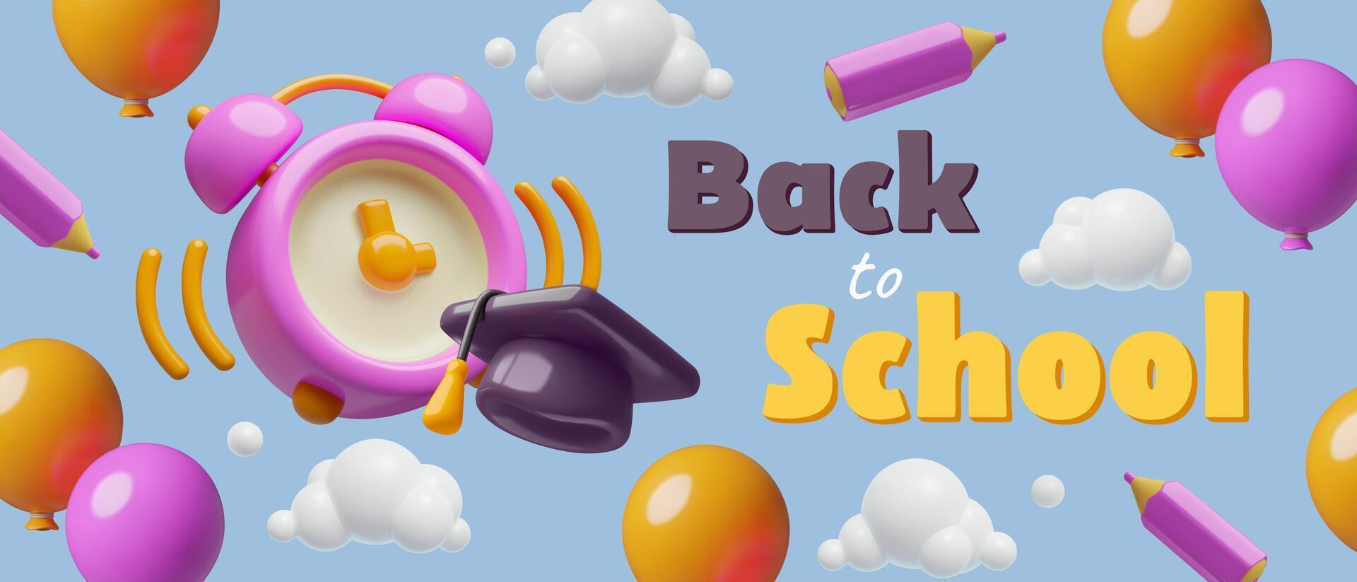 Back to school 3D banner with ringing alarm clock pencil and holiday balloons flying in cloud vector