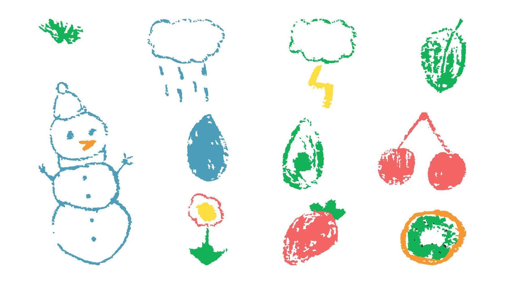 Doodles with the texture of wax chalk. Set elements imitating child drawing. Snowman berries clouds. Doodles abstract shapes. illustration. vector